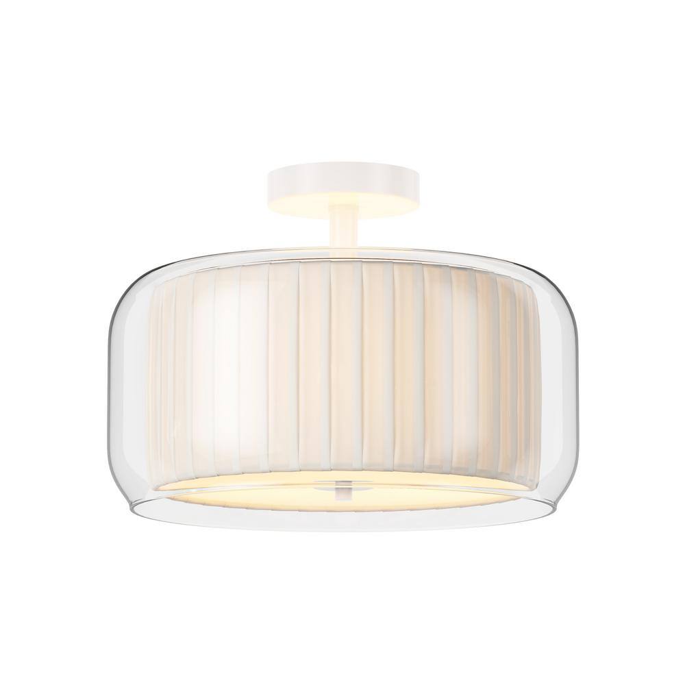 14.96 in. 3-Light White Semi Flush Mount Drum Light Modern Close to Ceiling Lamps with Double Fabric and Glass Shade - Hercitys
