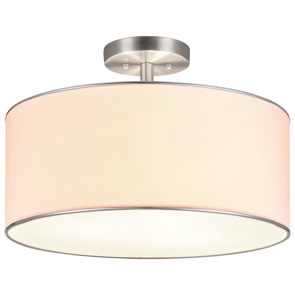 18 in. 3-Light Brushed Nickel Semi-Flush Mount with White Fabric Drum Shade - Hercitys