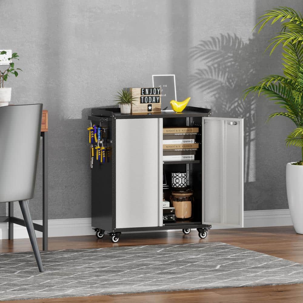 30 in. W x 35.5 in. H x 18 in. D Metal Freestanding Cabinet with Shelf, Pegboard, Side Push Handle in Black and Grey - Hercitys