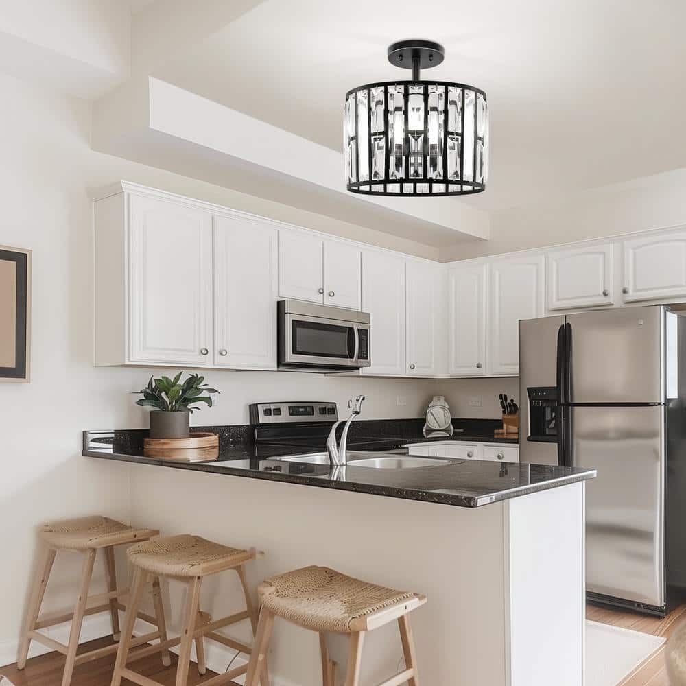 12.4 in. 3-Light Matte Black Semi-Flush Mount Ceiling Light with Crystal Accents, E12 Base, No Bulbs Included - Hercitys