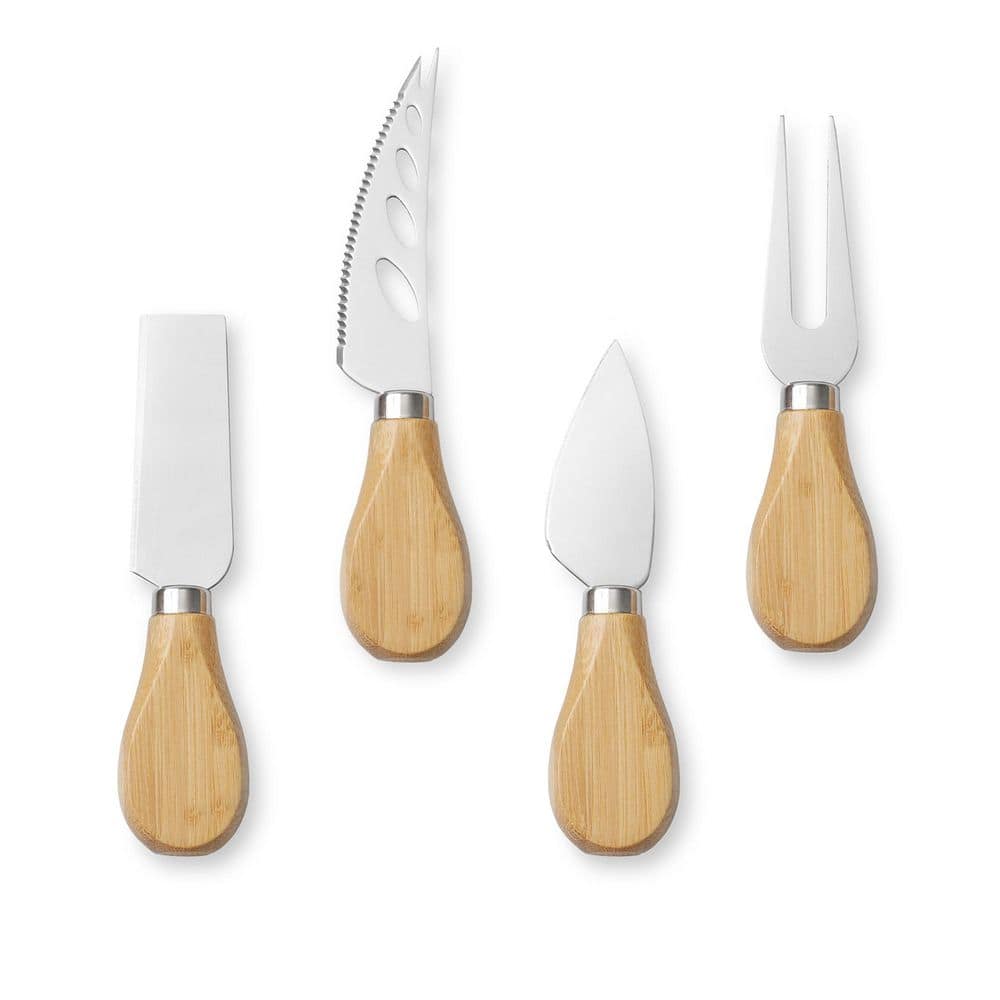 14.25 in. Traditional Natural Brown Bamboo Cheese Board with Slate Cheese Plate and Cheese Knives - Hercitys