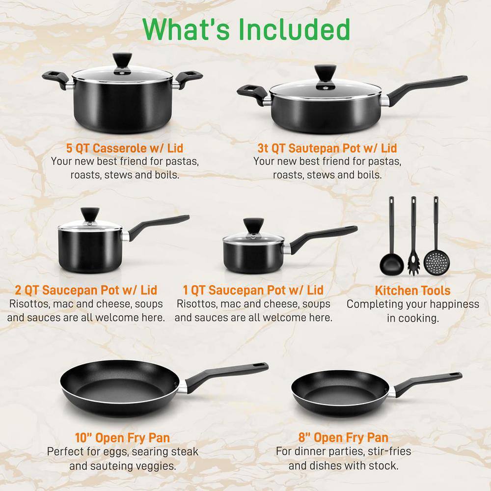 13-Piece Aluminum Stylish Kitchen Cookware Set, Non-Stick in Black - Hercitys