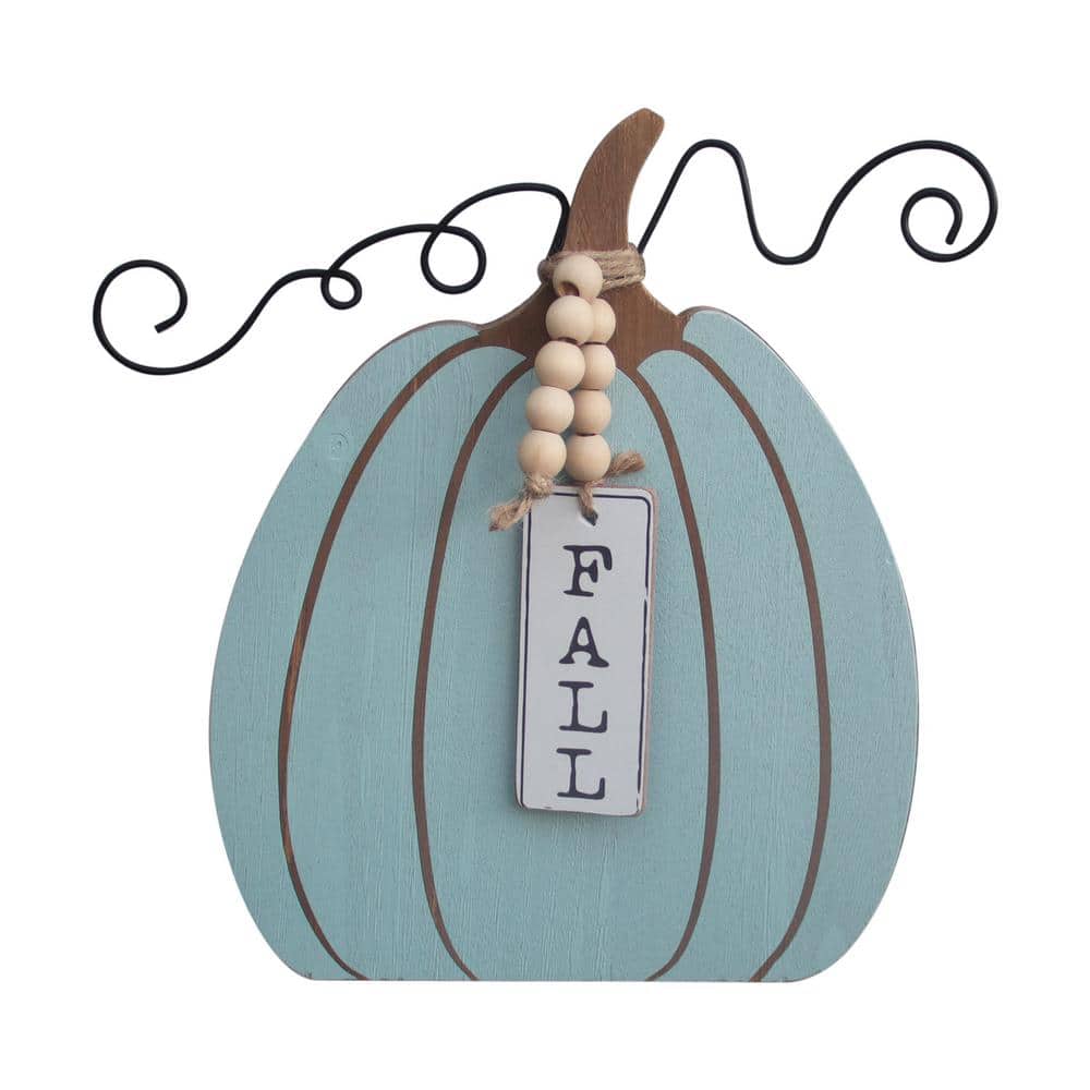 10.5 in. Blue Wood Autumn Harvest Pumpkin Wood Tabletop Decor - Hercitys