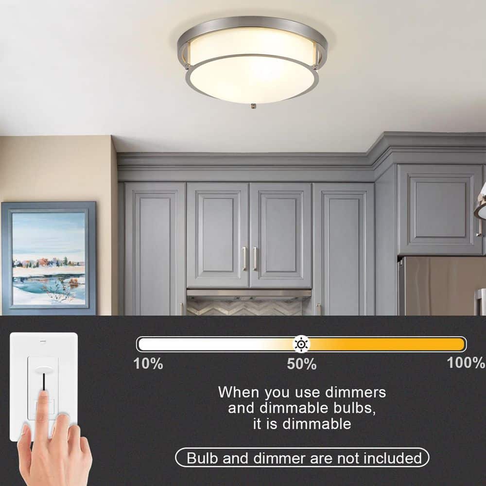 13 in. 2-Light Industrial Brushed Nickel Flush Mount Farmhouse Close to Ceiling Light Fixture with White Glass Shade - Hercitys