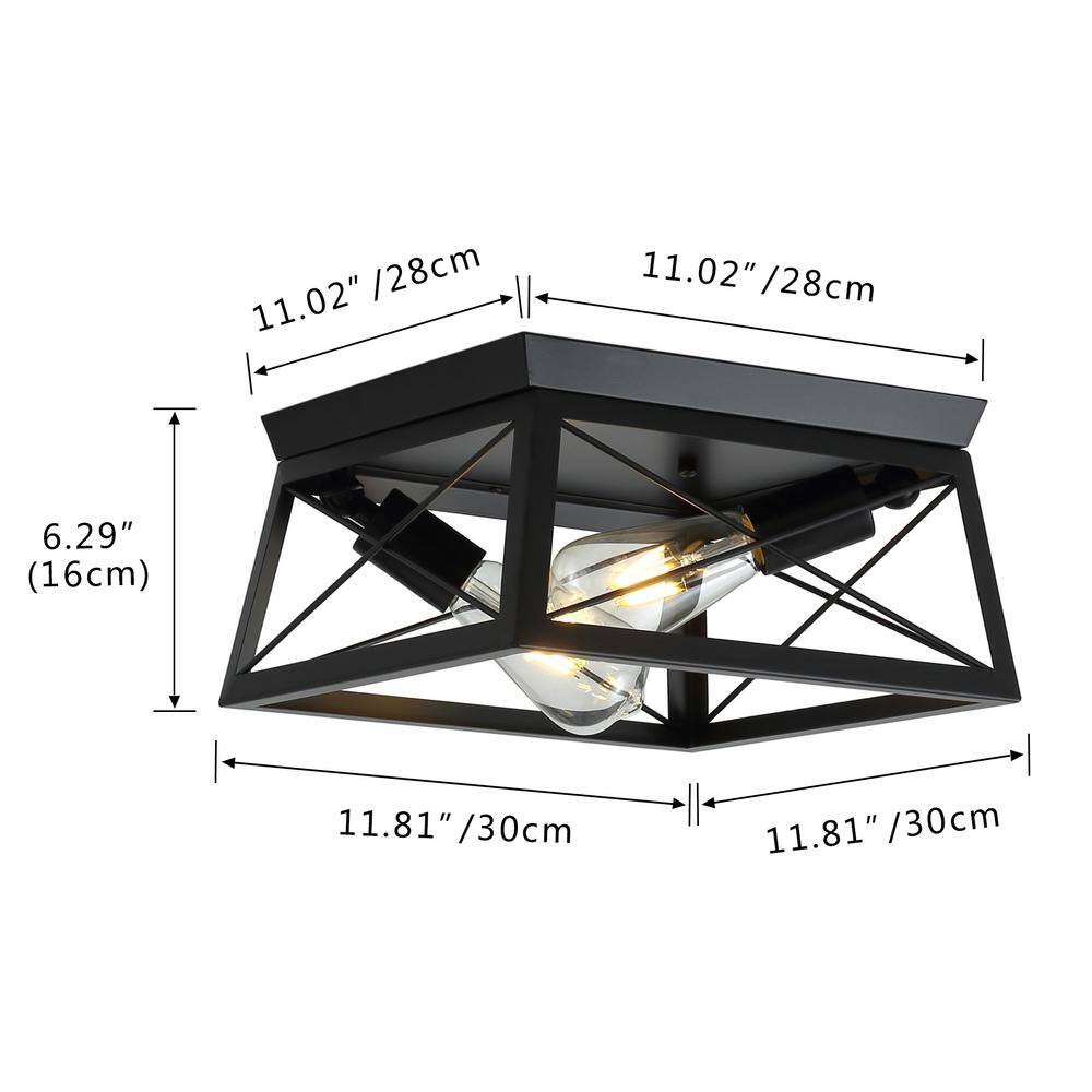 11.81 in. 2-Light Black Farmhouse Caged Square Flush Mount Industrial Vintage Ceiling Lighting - Hercitys