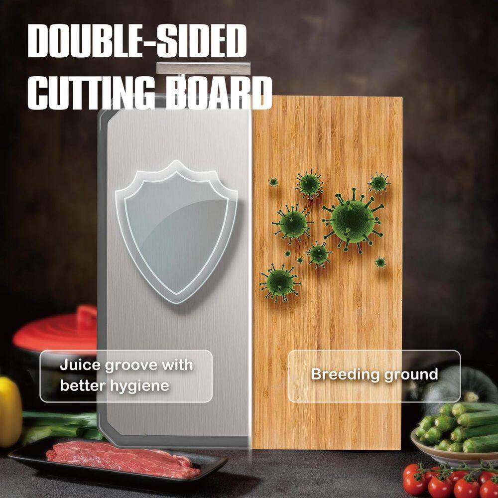 16 in. x 11 in. Rectangular Stainless Steel and Wheat Straw Polypropylene Double Sided Cutting Board with Handle - Hercitys