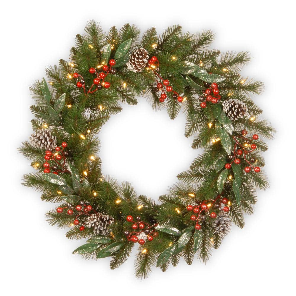 24 in. Artificial Frosted Pine Berry Collection Wreaths with Cones, Red Berries, Silver Glittered Eucalyptus Leaves - Hercitys