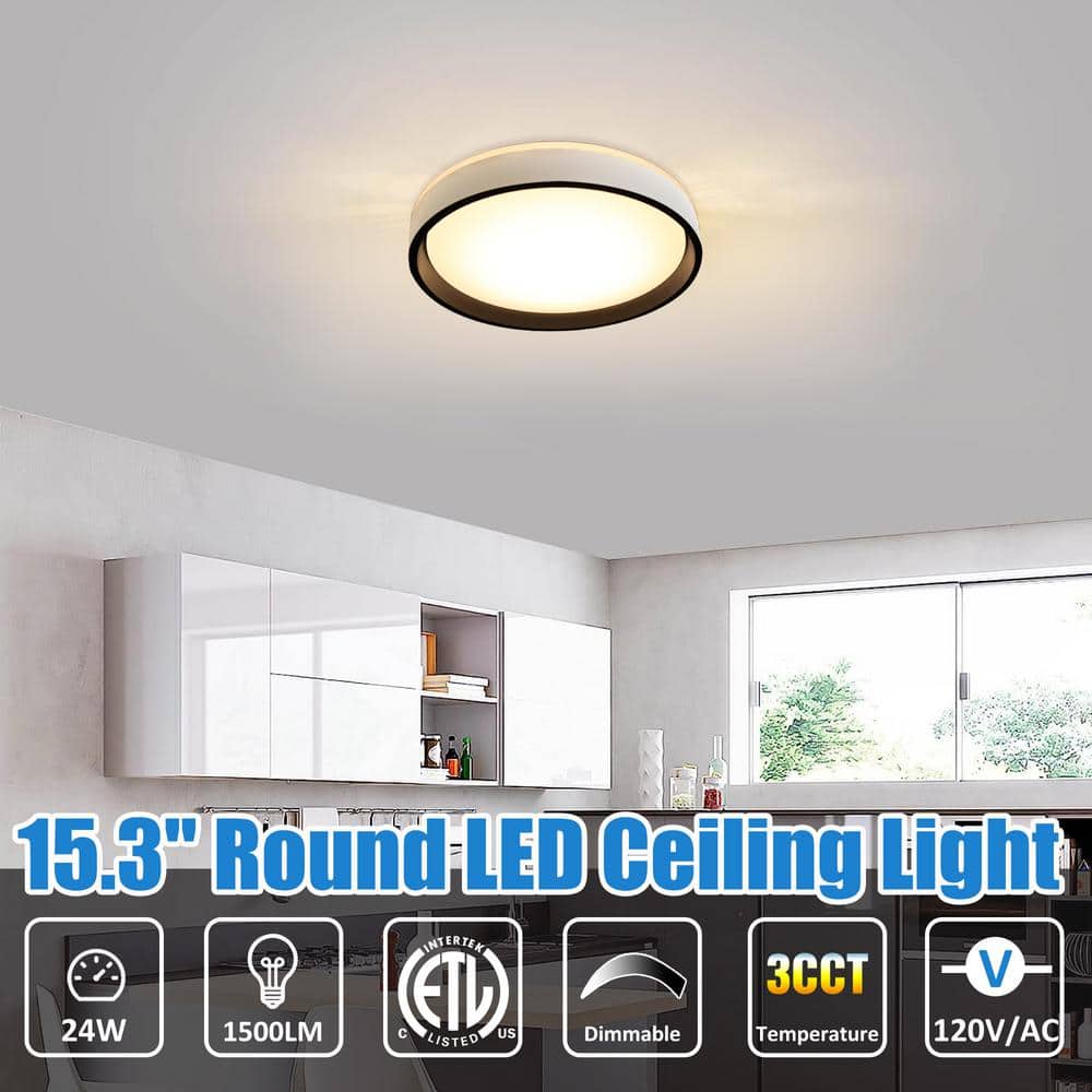 15.3 in. White Shade Adjustable CCT 3000K/4000K/5000K Dimmable Flush Mount Light Fixture - Hercitys
