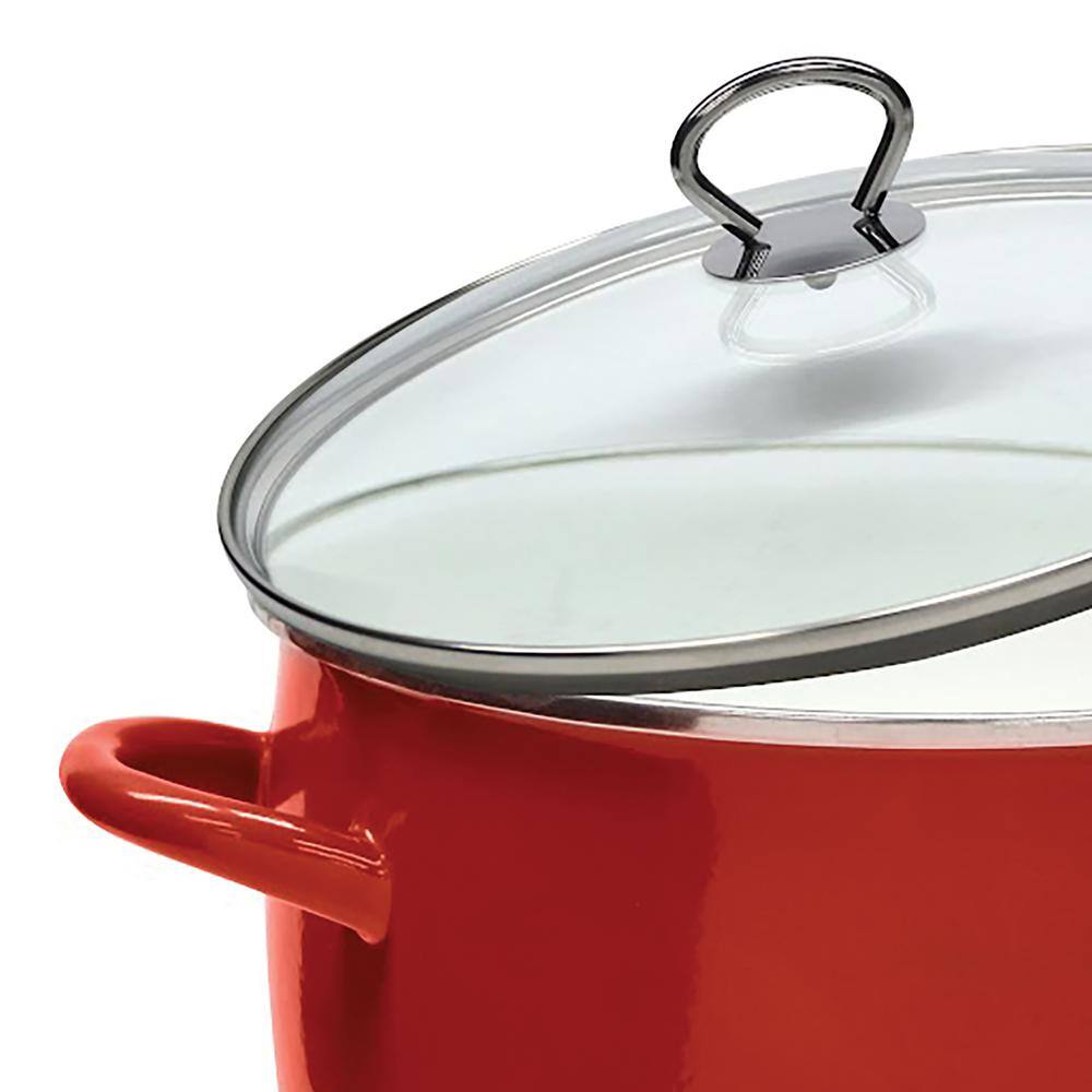 12 qt. Enamel on Steel Stock Pot in Red with Glass Lid - Hercitys