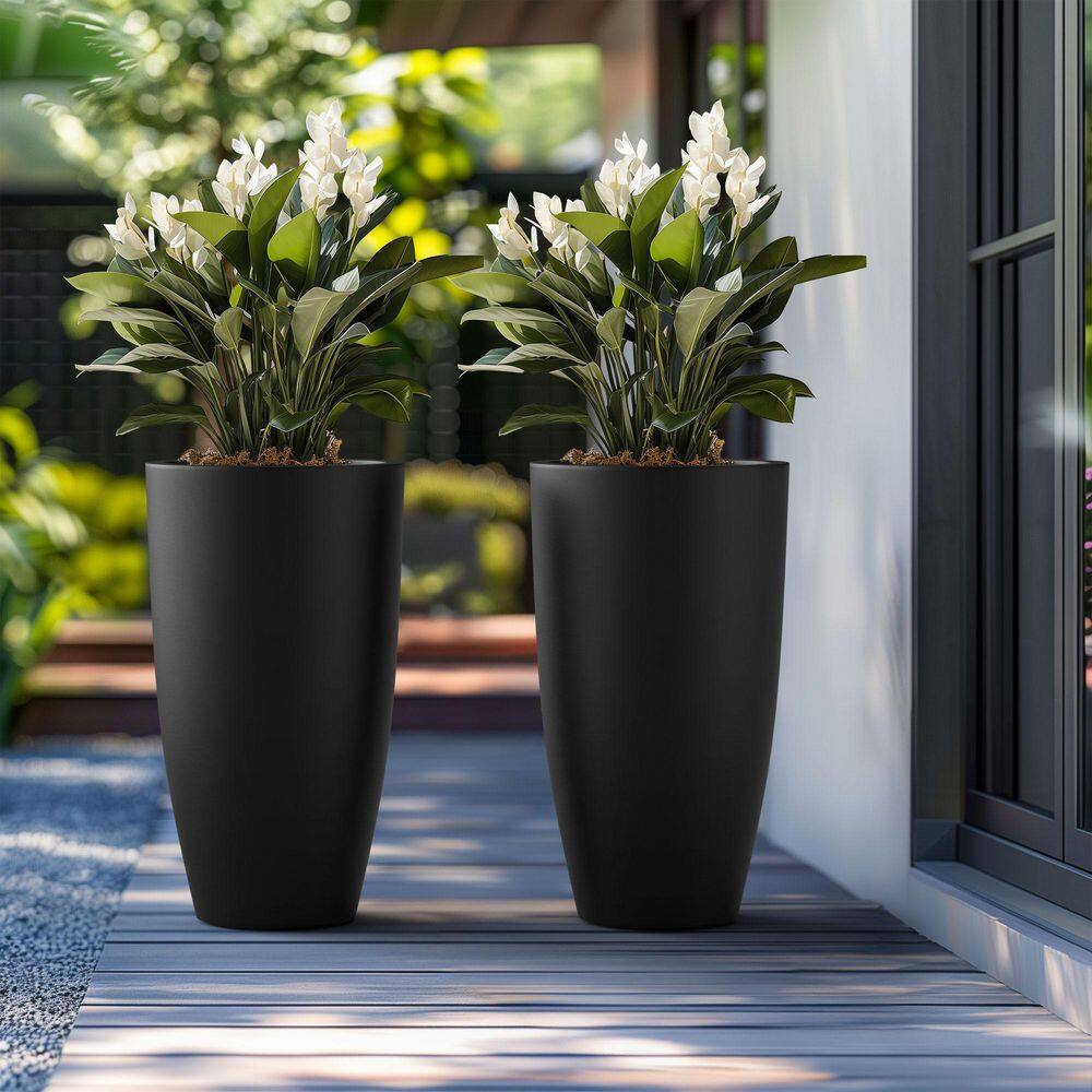 13.5 in. Large Charcoal Black Concrete Round Planter / Pot with Drainage Holes (Set of 2) - Hercitys