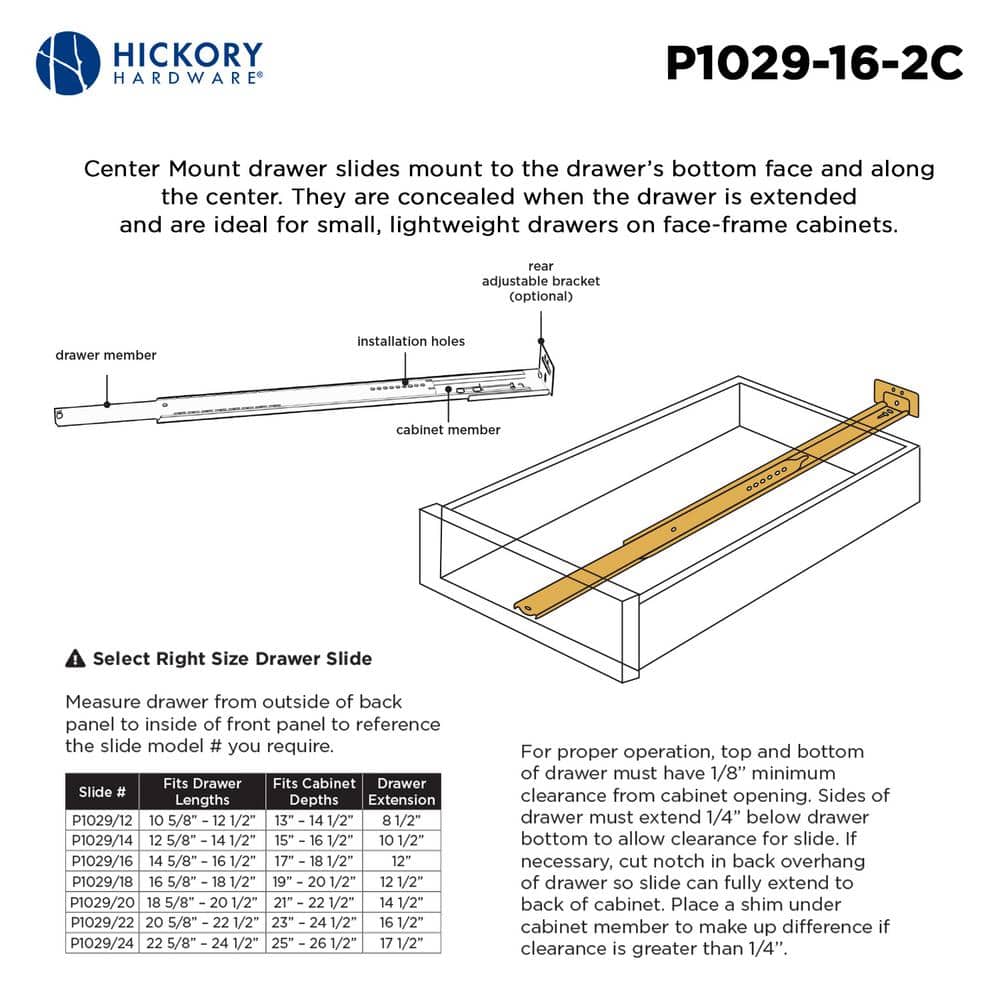 16 in. Center Mount Drawer Slide (1-Pack) - Hercitys