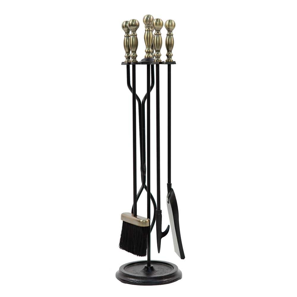 30 in. Tall 5-Piece Black and Antique Brass Sutton Fireplace Tool Set - Hercitys