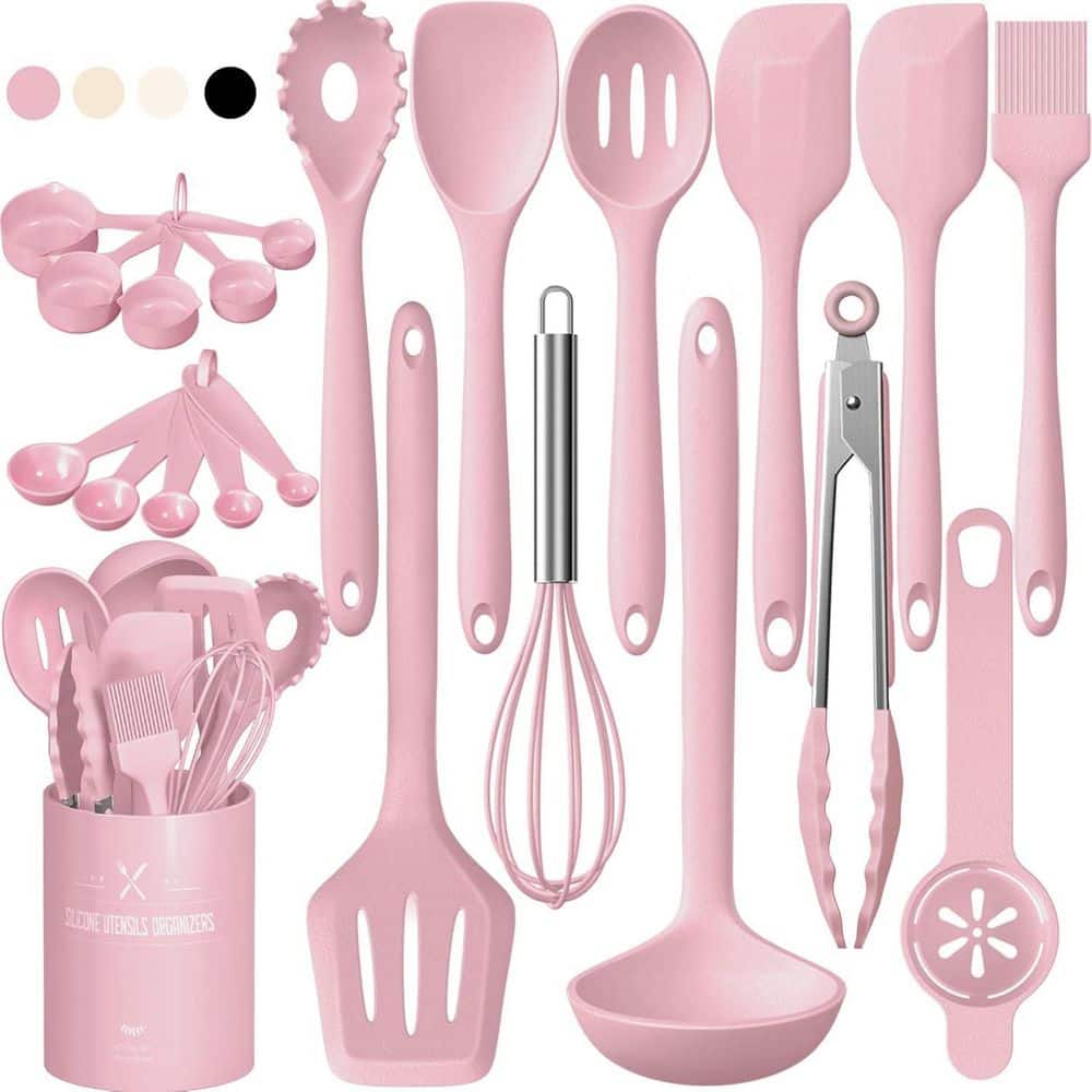 22-Piece Pink Silicone Cooking Utensils Set Heat Resistant with Holder for Nonstick Cookware Dishwasher Safe Tool - Hercitys