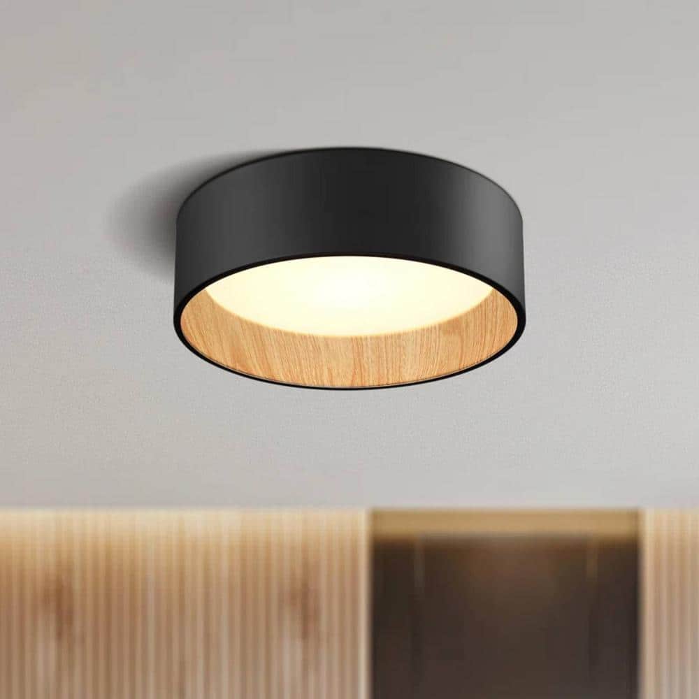 13 in. 25-Watt Modern Black Integrated LED Flush Mount with White Acrylic Shade - Hercitys
