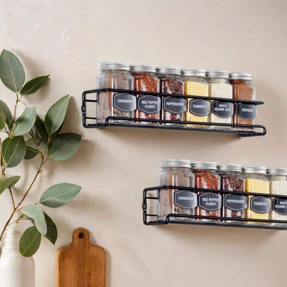 2-Piece Black Spice Herb Jar Rack Holder For Kitchen Door Cupboard Storage Wall Mounted - Hercitys