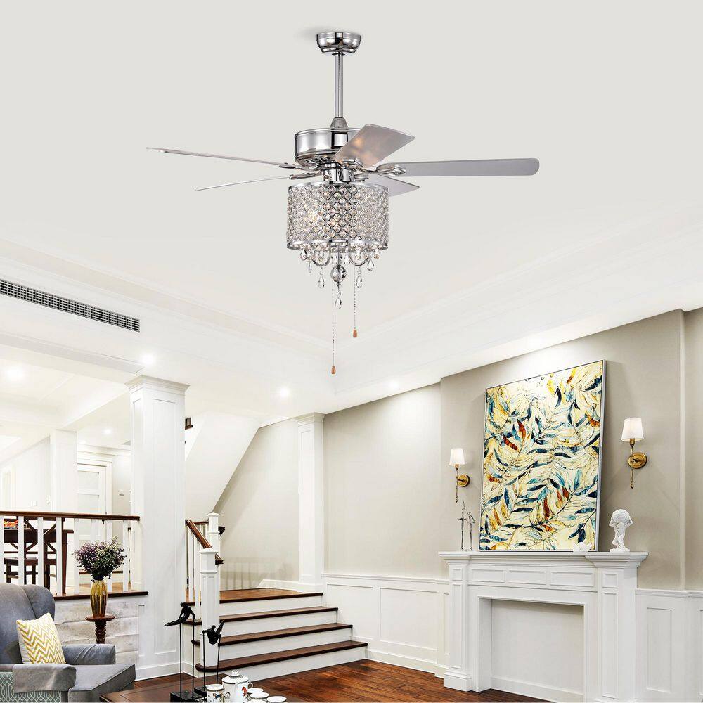 52 in. Smart Indoor/Outdoor Chrome Ceiling Fan with Remote Control and 5 Blades Reversible AC Motor Crystal Fan Light - Hercitys
