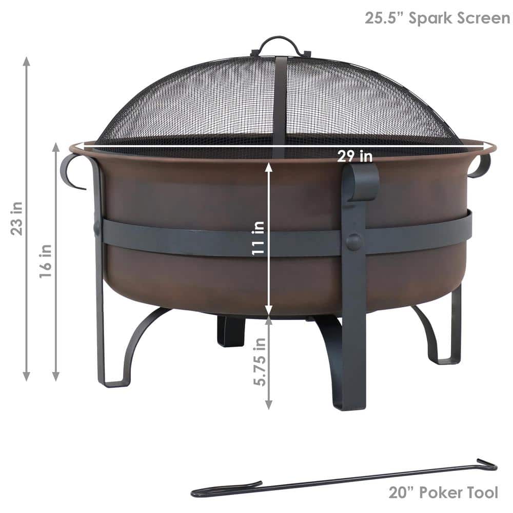 29 in. Round Steel Wood Burning Fire Pit with Cauldron Style and Spark Screen Set in Bronze - Hercitys