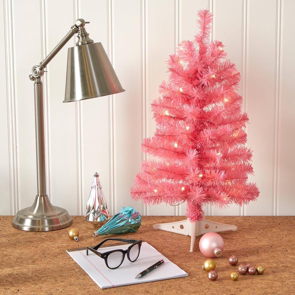 2 ft. Pre-Lit Pink Artificial Christmas Tree with 35 Battery Operated Clear LED Lights - Hercitys