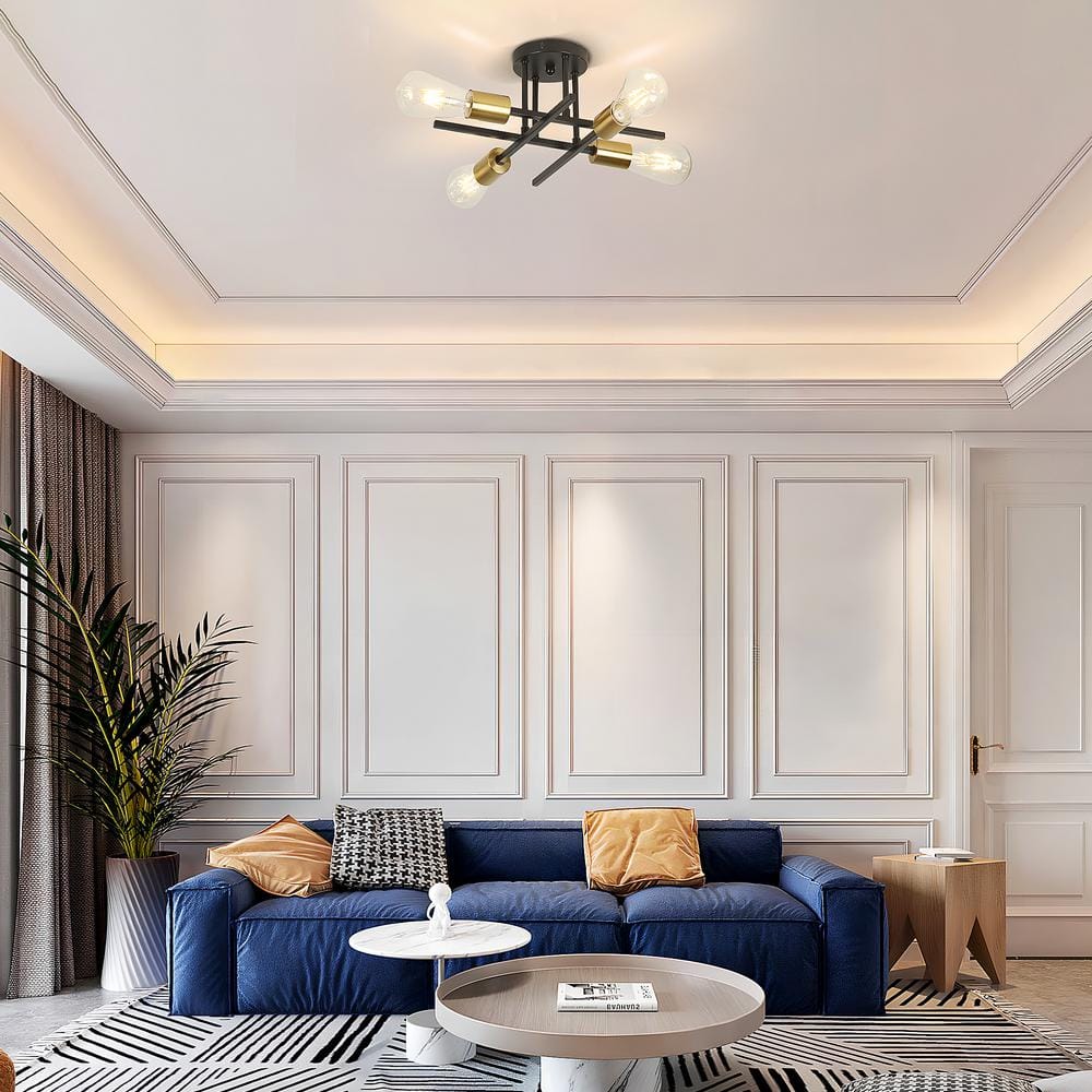 14 in. 4-Light Modern Sputnik Linear Black Metal Industrial Farmhouse Semi- Flush Mount Ceiling Lights Chandelier Light - Hercitys