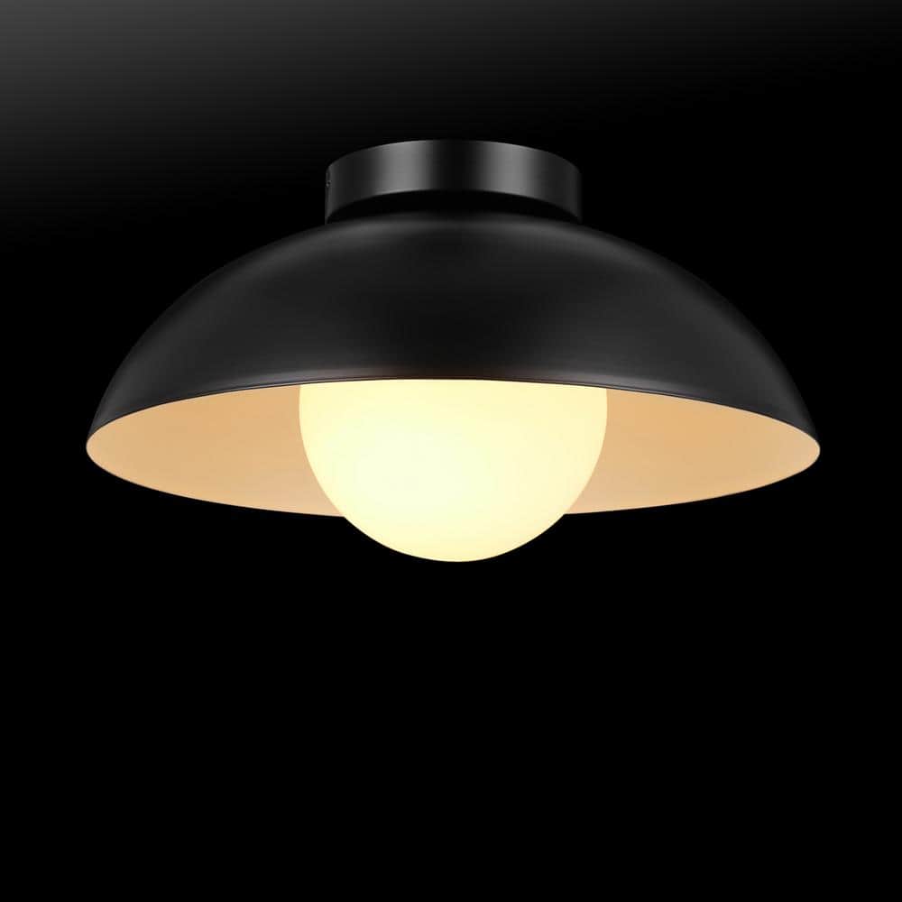 13 in. 1-Light Matte Black Flush Mount Ceiling Light with White Opal Glass Shade - Hercitys