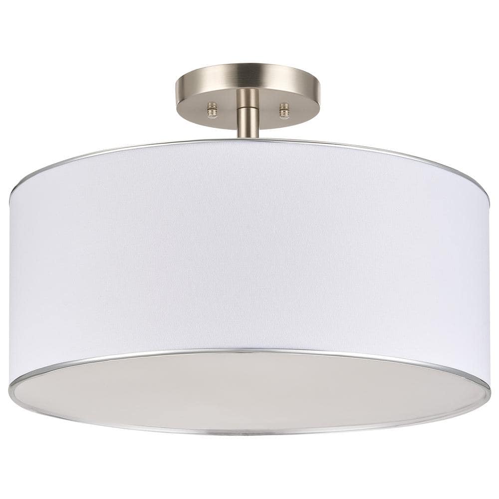 18 in. 3-Light Brushed Nickel Semi-Flush Mount with White Fabric Drum Shade - Hercitys