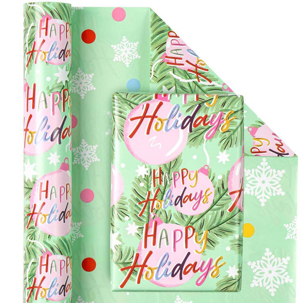 17 in. x 33 ft. Christmas Wrapping Paper, Green Happy Holiday Lettering Printed for Chrsitmas Holiday Party Celebration - Hercitys