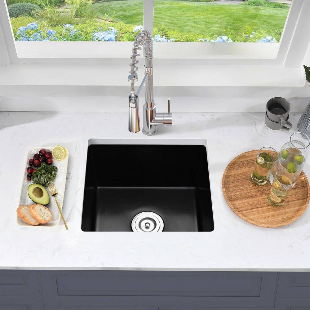 18 in. Undermount Single Bowl Matte Black Quartz Kitchen Sink with Basket Strainer - Hercitys