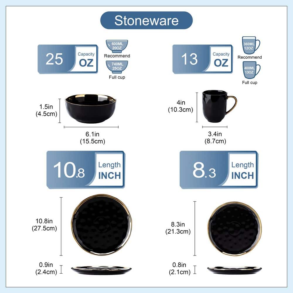 16-Piece Black Porcelain Dinnerware Set Service for 4-Gold Rim Tableware Cereal Bowls Dinner Plates Dessert Plates Mugs - Hercitys
