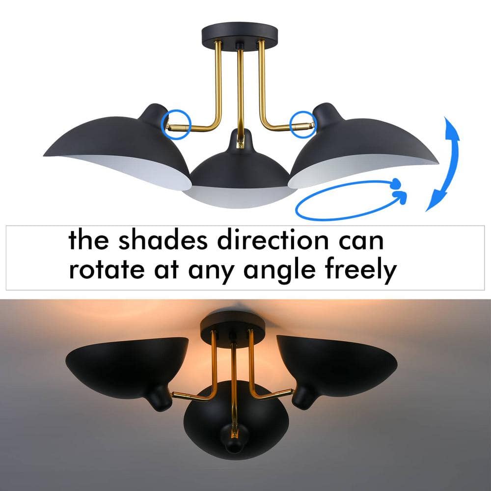 27.5 in. 3-Light Black Modern Semi-Flush Mount with No Glass Shade and No Bulbs Included 1-Pack - Hercitys