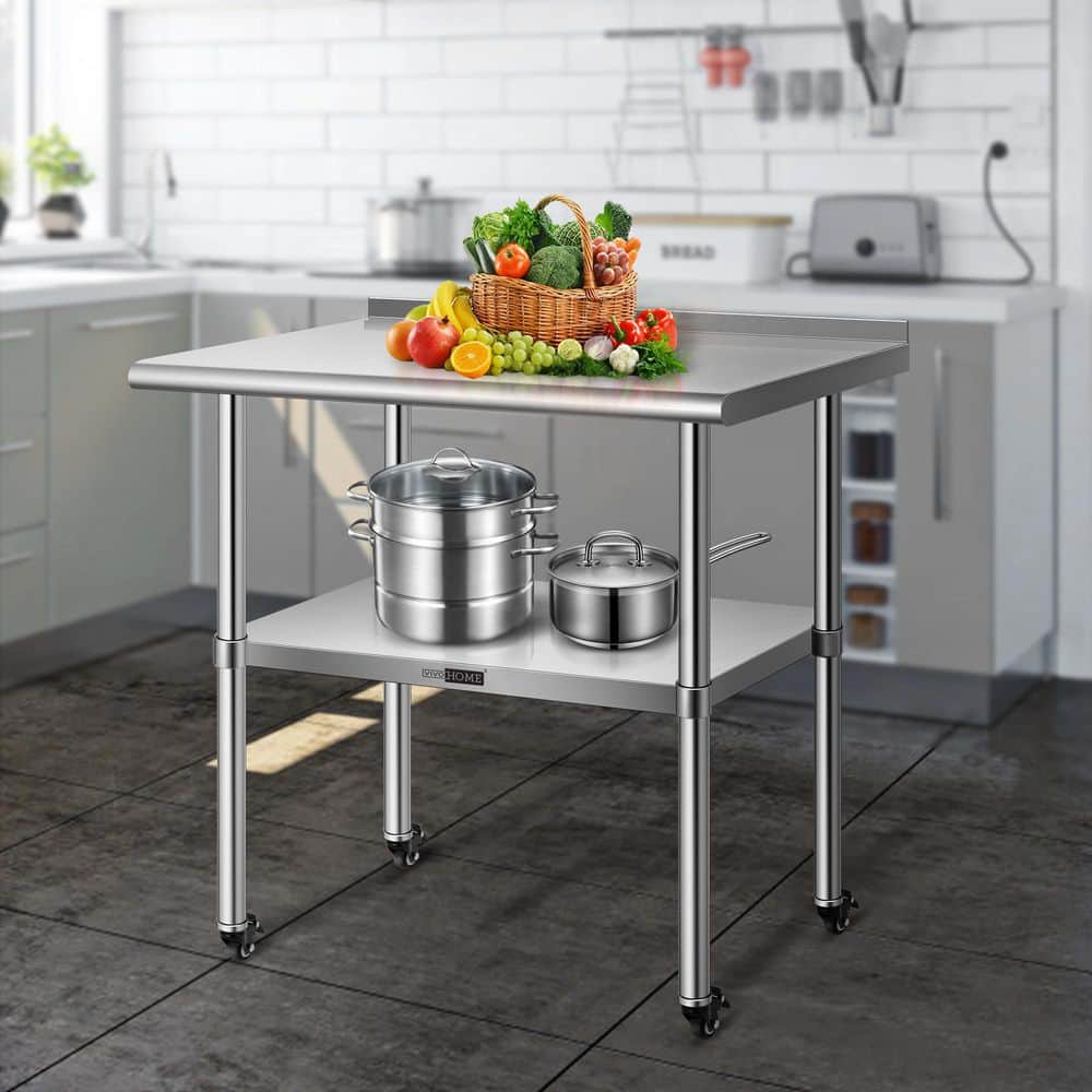 24 x 36 in. Stainless Steel Kitchen Utility Table with Backsplash and Wheels - Hercitys