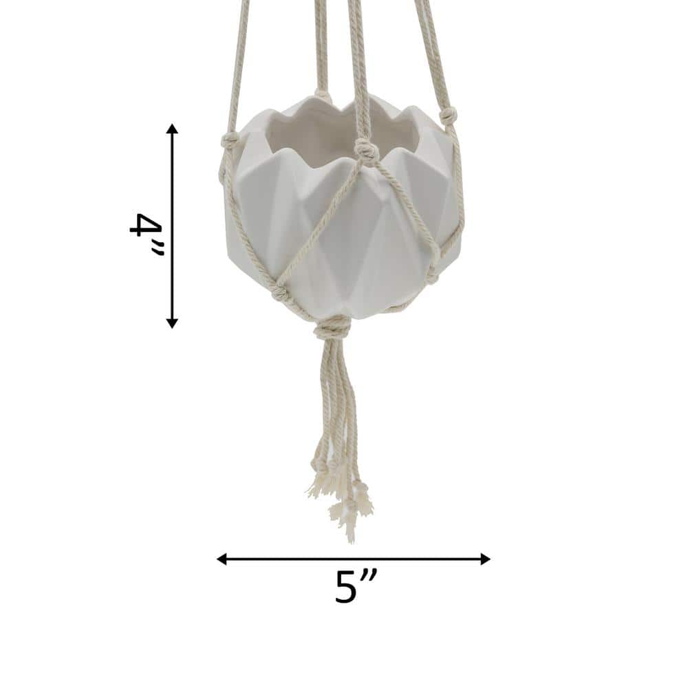 5 in. Matte White Ceramic Macrame Hanging Planter - Hercitys