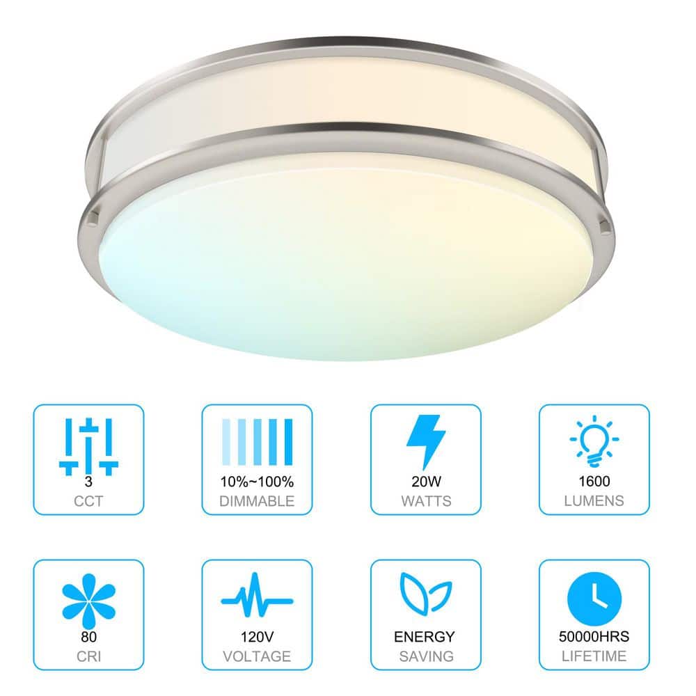 14 in. 20-Watt, 1600 Lumens Brushed Nickel LED Finish Double Ring CCT Flush Mount Ceiling Light - Hercitys