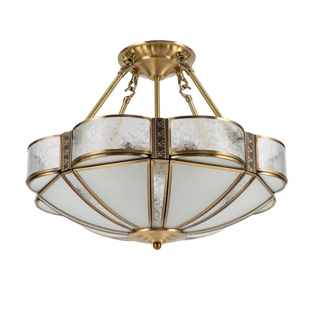 17.71 in. 4-Light Gold Retro Flower-Shaped Semi-Flush Mount Ceiling Light with Glass Shade, No Bulbs Included - Hercitys