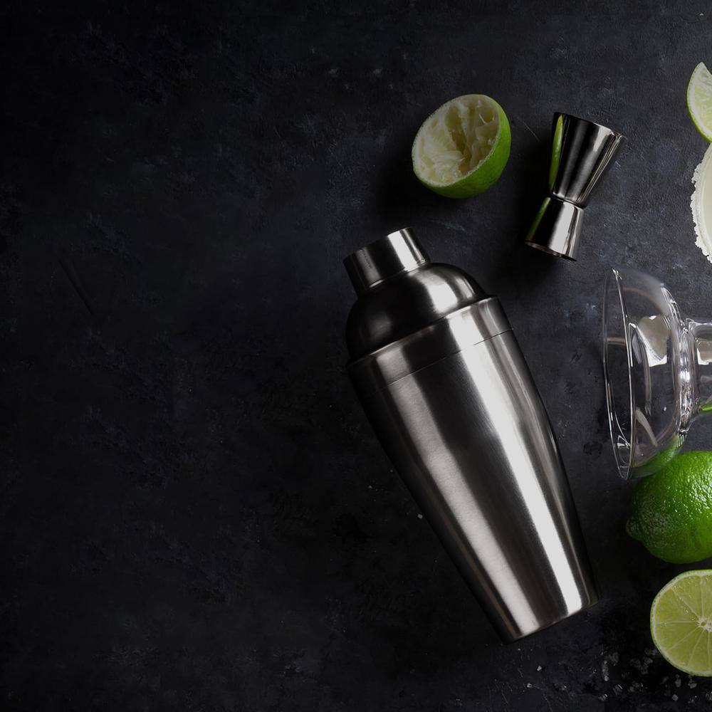 3 in 1 25 oz. Black Stainless Steel 1-Piece Cocktail Shaker with Measuring Jigger and Mixing Spoon - Hercitys