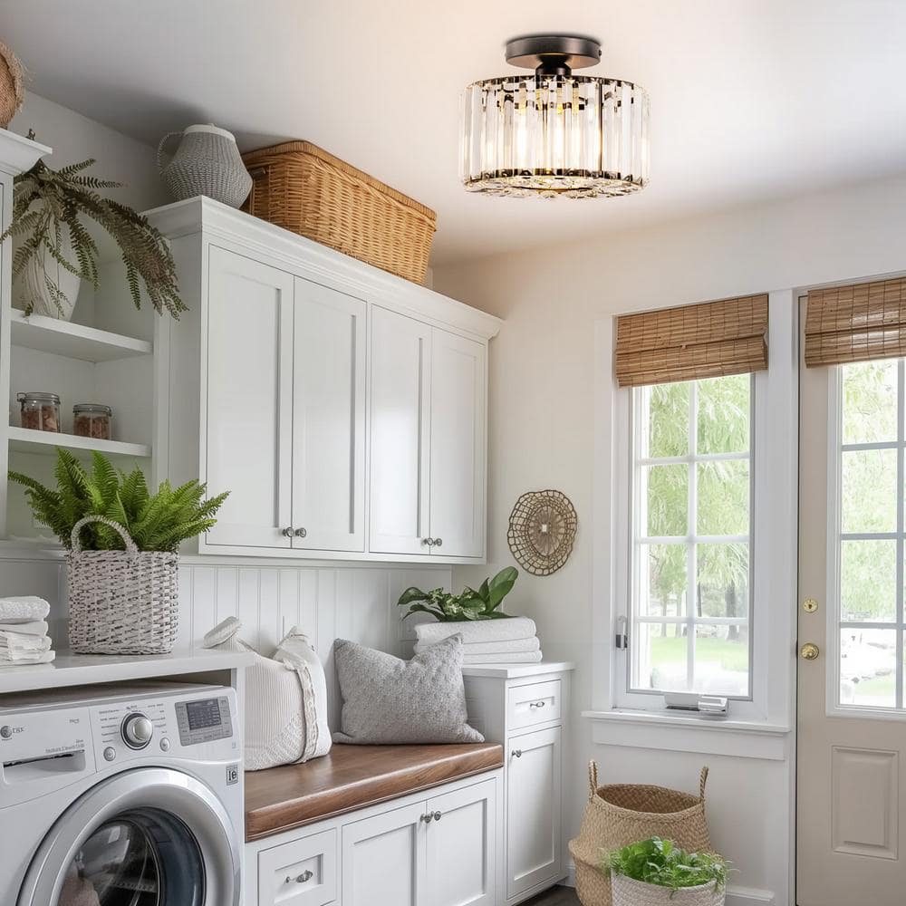 10 in. 1-Light Black Modern Semi-Flush Mount with Crystal Shade and No Bulbs Included - Hercitys