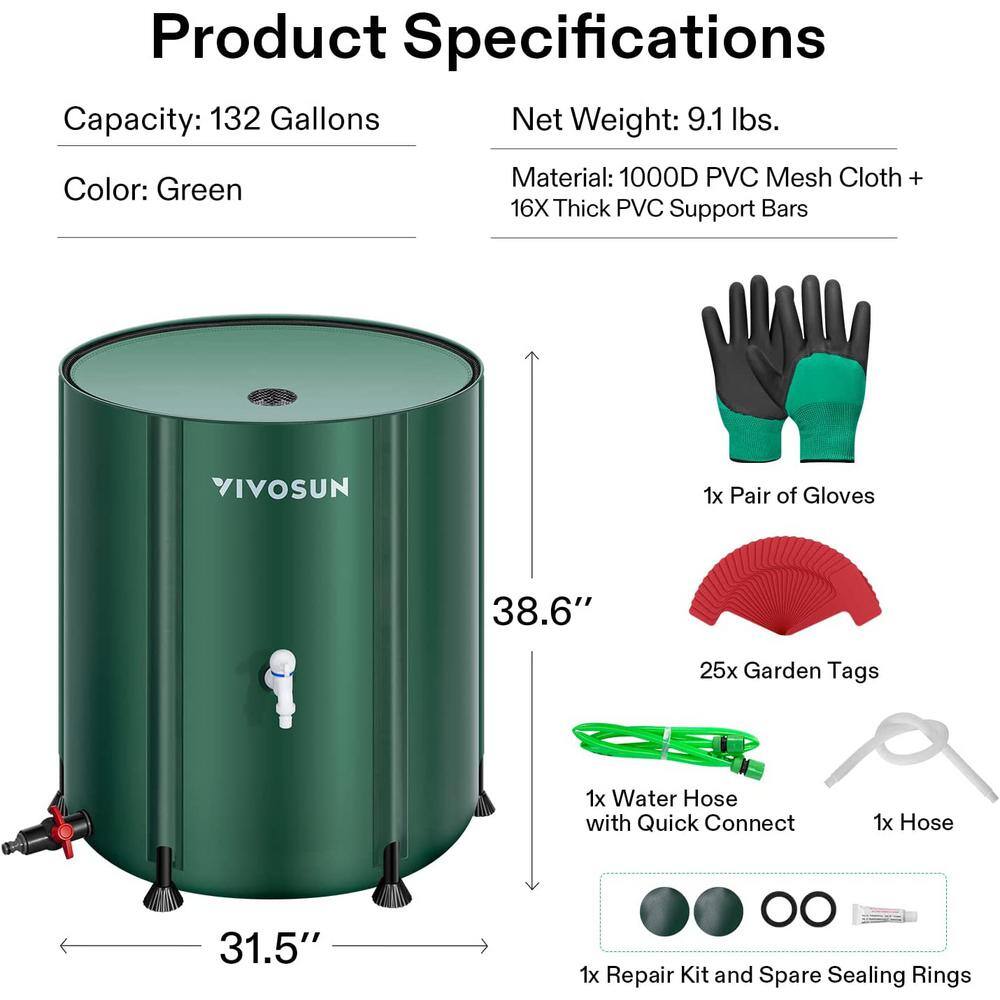132 Gal. Collapsible Rain Barrel with wo Spigots and Overflow Kit in Green - Hercitys