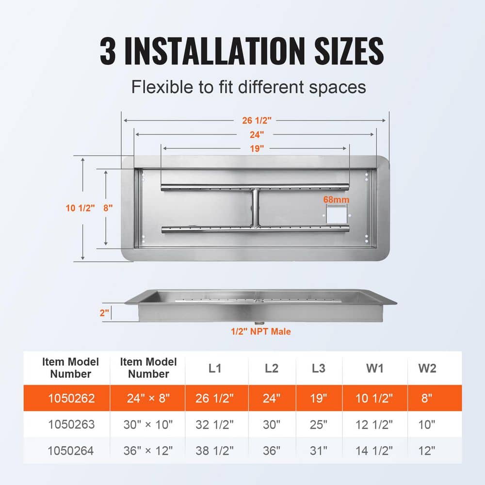 24 x 8 in Drop-in Fire Pit Pan, Rectangular Stainless Steel Fire Pit Burner Kit, Propane Gas Fire Pan 120,000 BTU - Hercitys