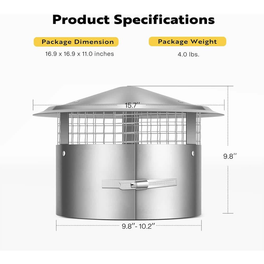 10 in. Round Adjustable Stainless Steel Chimney Cap with Screen - Hercitys
