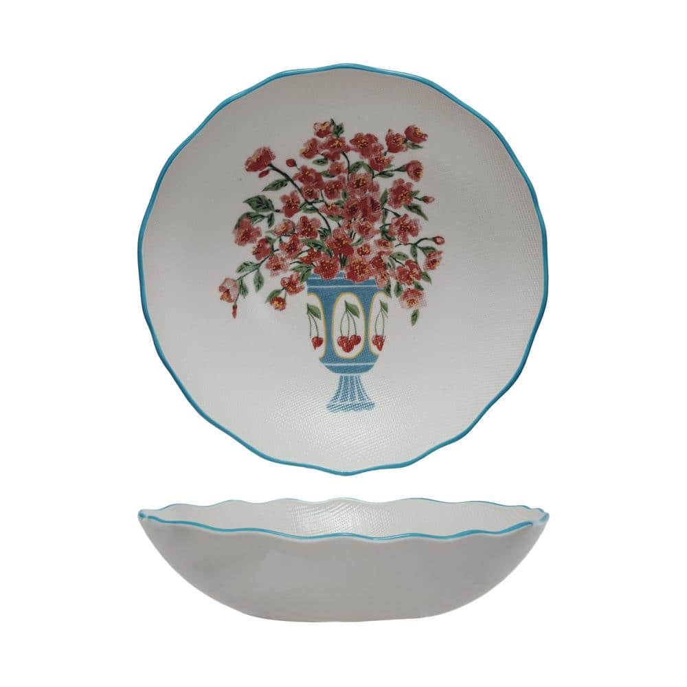 11 in. 54 fl. oz. Multicolor Stoneware Salad Serving Bowl with Flowers in Vase Design and Colored Rim - Hercitys