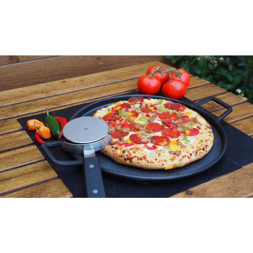 4-Piece Cast Iron Pizza Stone/Round Griddle/Skillet with Handles, Pizza Cutter, Heat Resistant Gloves - Hercitys