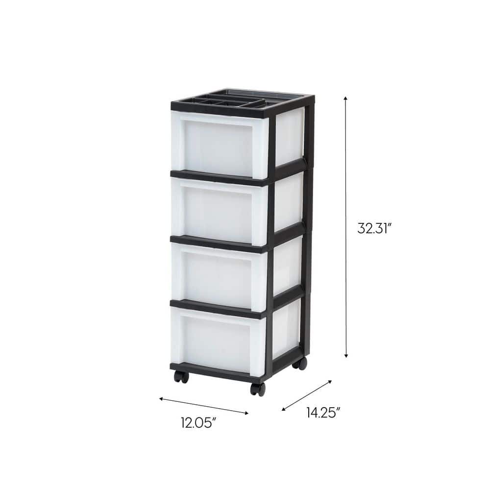 14.25 in. L x 12.05 in. W x 33.56 in. H Medium 4-Drawer Cart with Organizer Top in Black and Pearl - Hercitys
