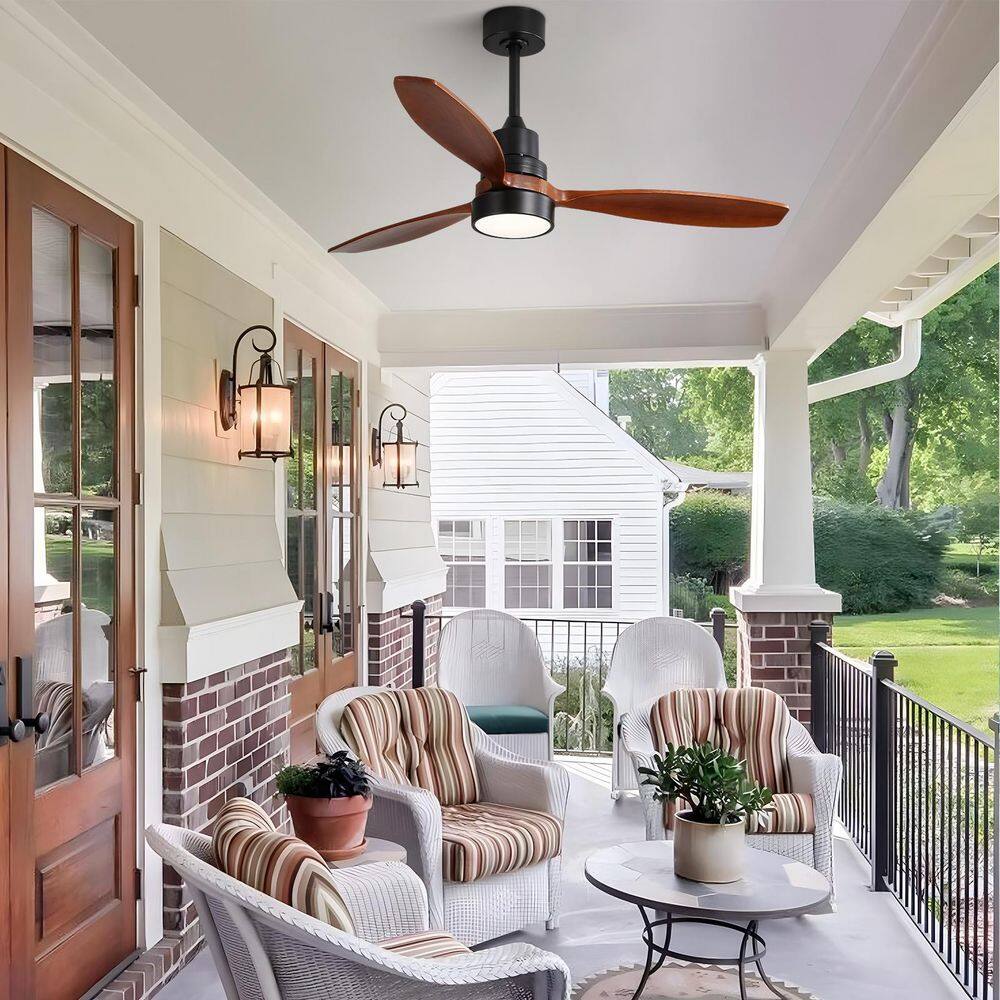 52 in. Indoor/Outdoor Wood Black Ceiling Fan with Light and 6 Speed Remote Control - Hercitys