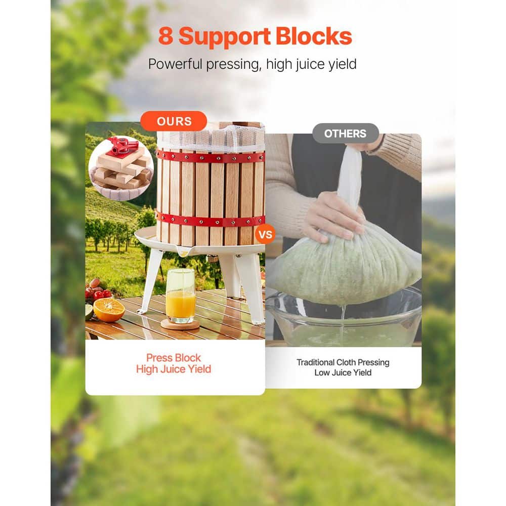 3.2 Gal./12L Fruit Wine Press, Solid Wood Basket with 8 Blocks, Heavy-Duty Manual Juice Press for Apples Grapes Berries - Hercitys