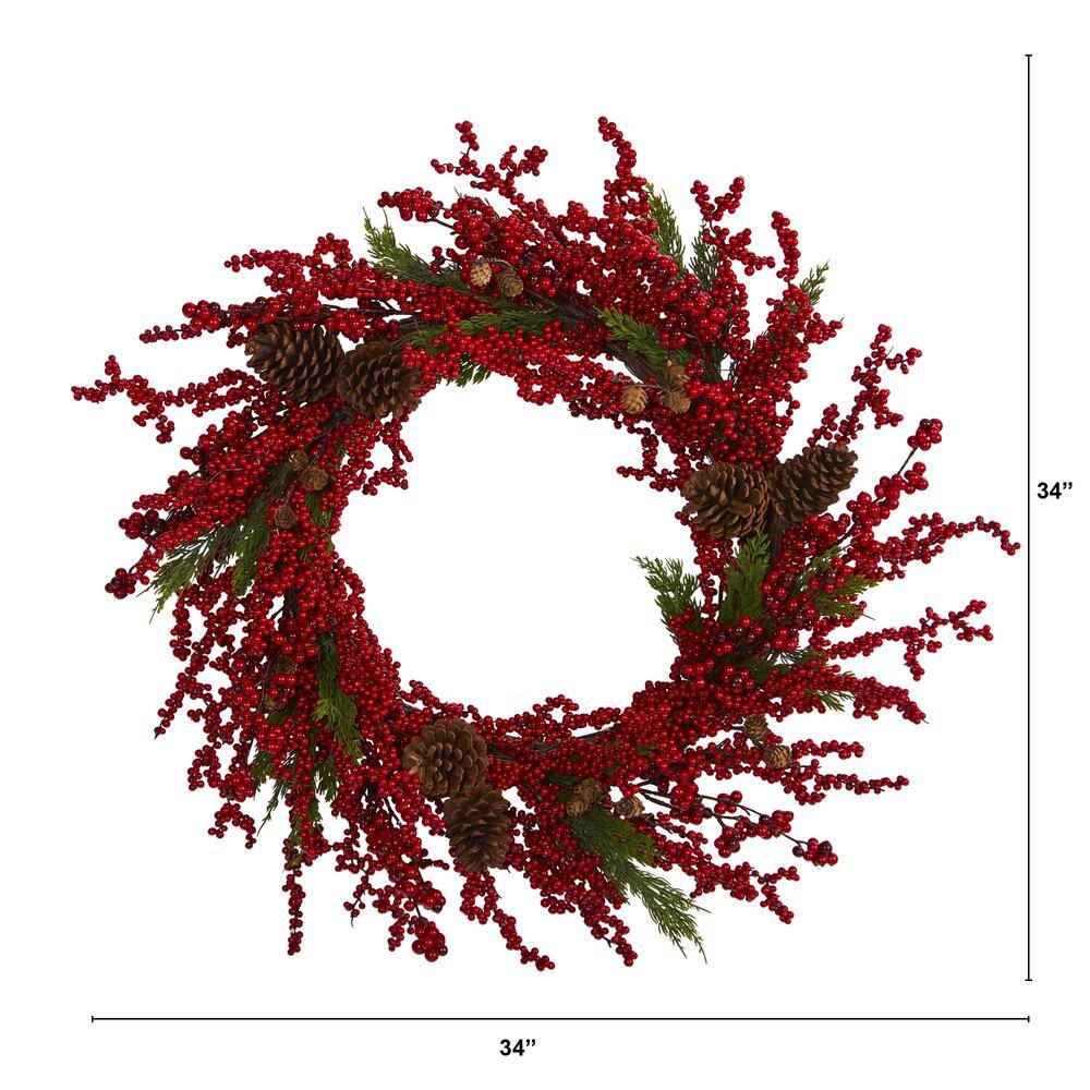34 in. Cypress Artificial Wreath with Berries and Pine Cones - Hercitys