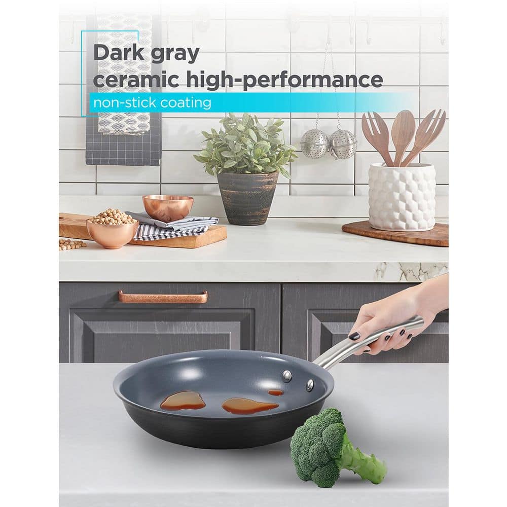 3-Piece Ceramic Hard Anodized Aluminum Skillet Set, Cookware Set, Gray - Hercitys