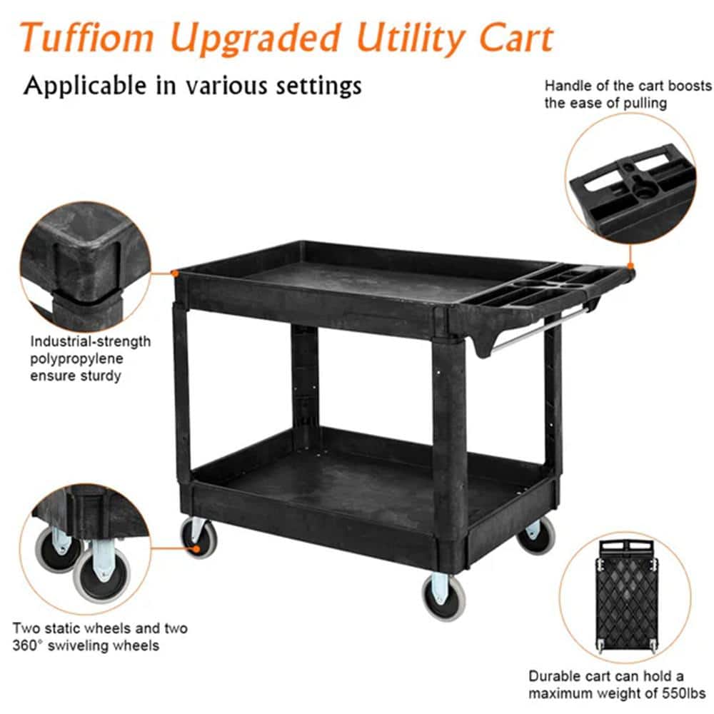 2 Tier Large 550 lbs. Capacity Shelf Plastic Utility Cart with Wheels Black - Hercitys
