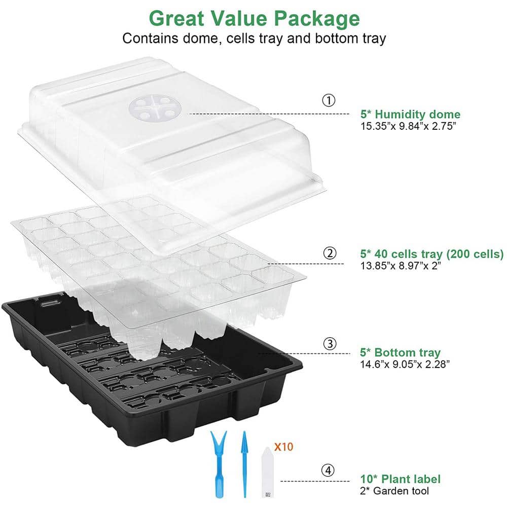 15.35 in. x 9.84 in. x 5.03 in. 200 Black Seed Starter Plant Grow Kit Greenhouse with Humidity Dome and Base (Pack of 5) - Hercitys