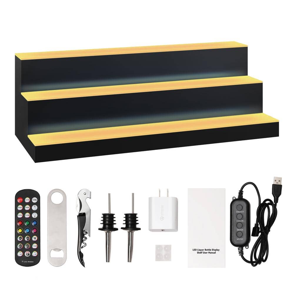 30 in. LED Lighted Liquor Bottle Display, 3-Tier Bar Shelf with RF Remote, App Control and Multicolor Lighting. - Hercitys