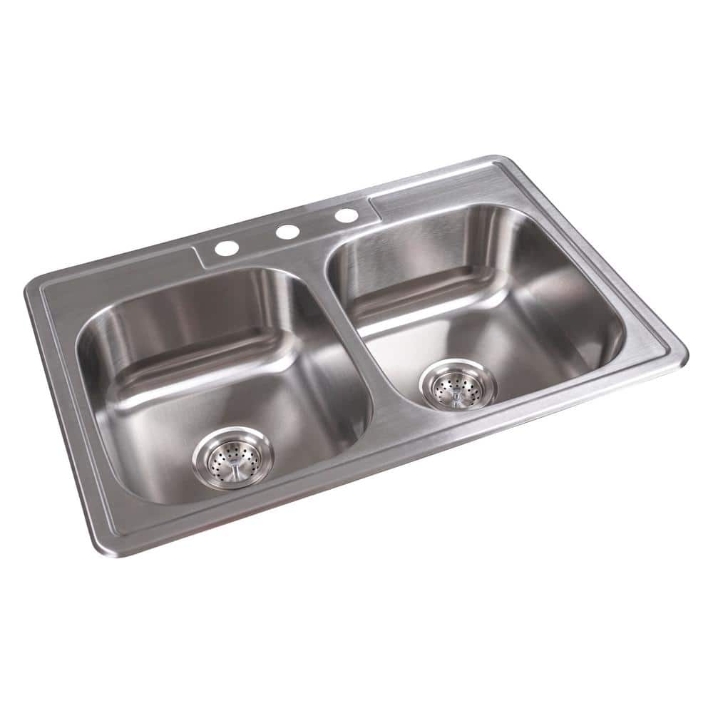 33 in. Overmount 50/50 Double Bowl 18 Gauge Satin Stainless Steel Kitchen Sink with Strainer - Hercitys