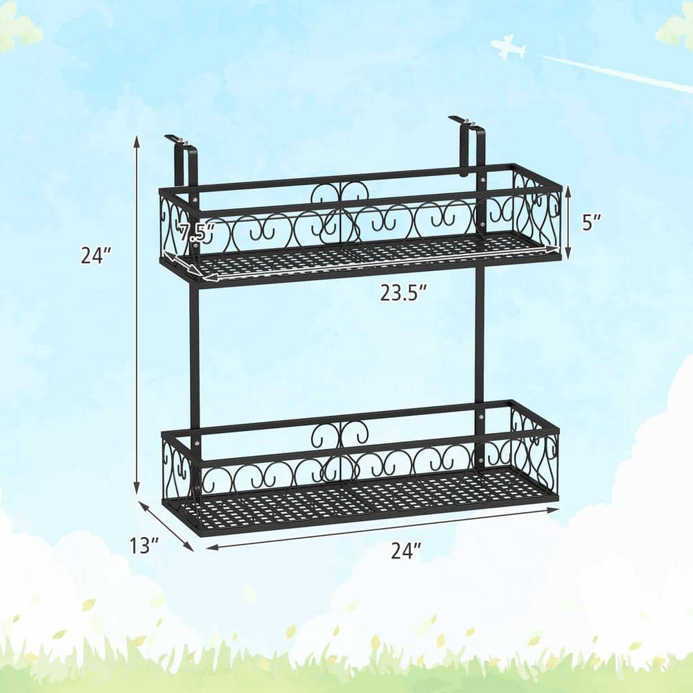 2-Tier Metal Hanging Flower Rack Flower Pot Holder w/Adjustable Hooks Railing Basket Shelf Potted Plant Container - Hercitys